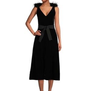 Black Velvet Feather Shoulder Detail Midi Dress